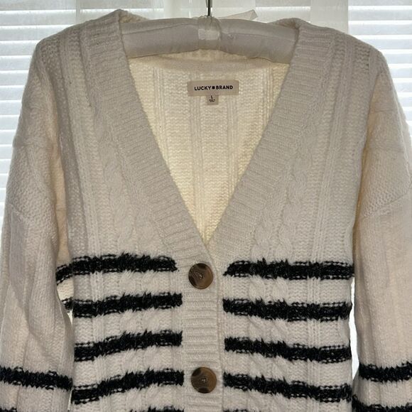 Lucky Brand L-XL White Black Stripe Cable Knit Button Front Wool Blend Cardigan - Picture 7 of 16